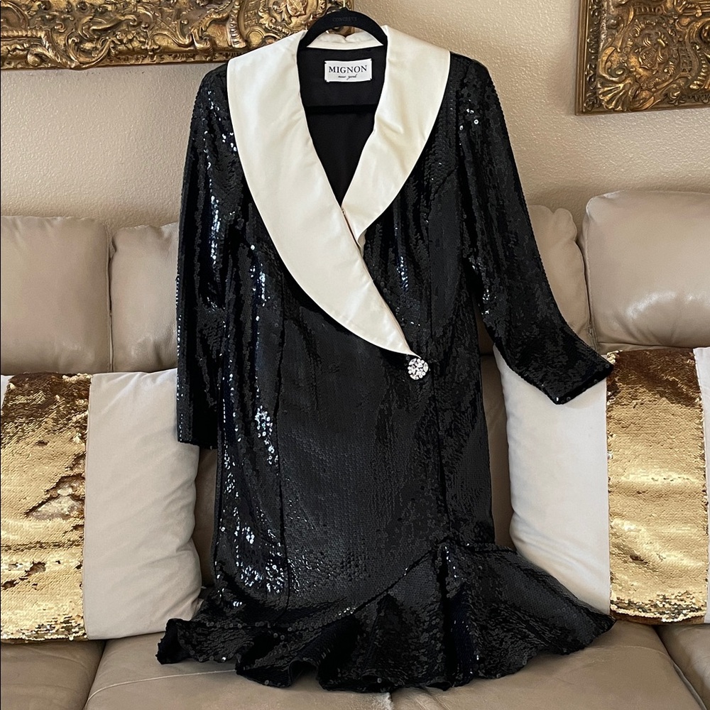Mignon New York  Black Sequin Dress with Beige Trimming Cream Sz.14